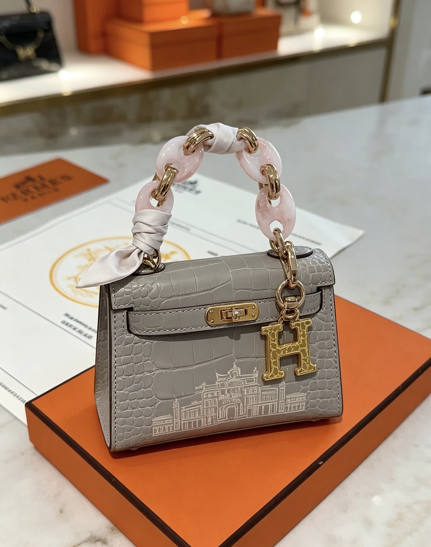 Hermès Keychain, Pink and Gold Chain Design