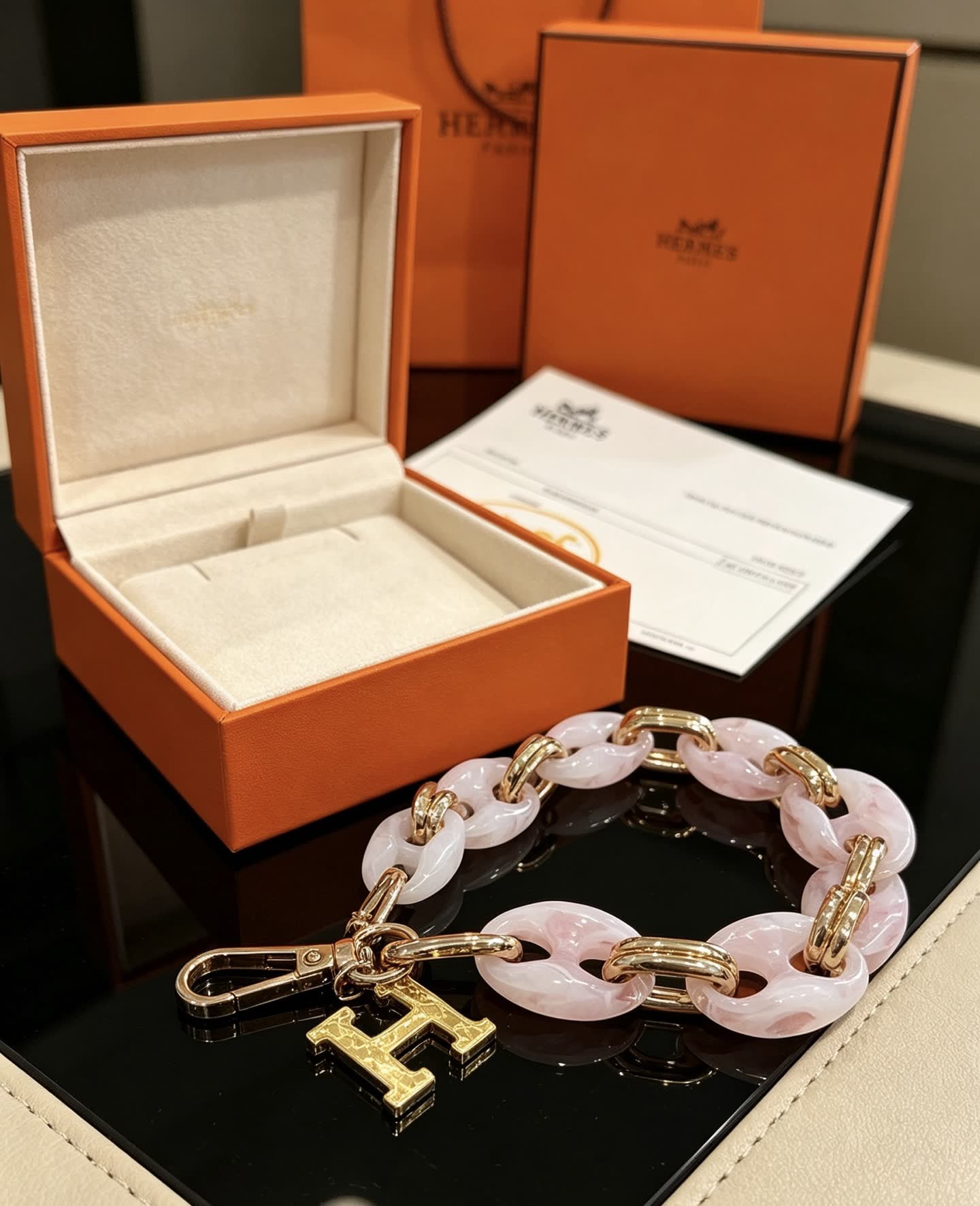 Hermès Keychain, Pink and Gold Chain Design