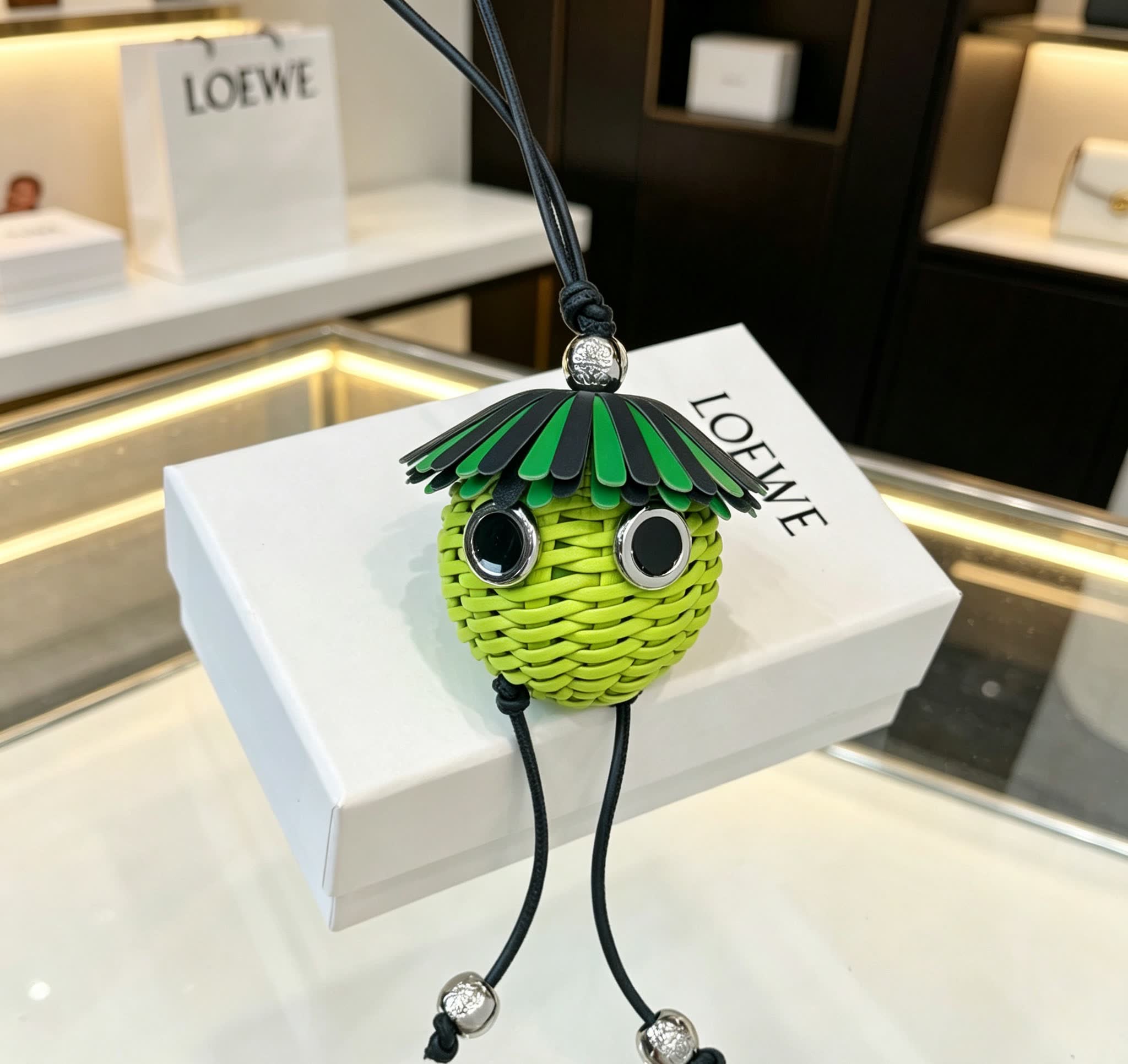 LOEWE Green Wicker Keychain with Silver Accents