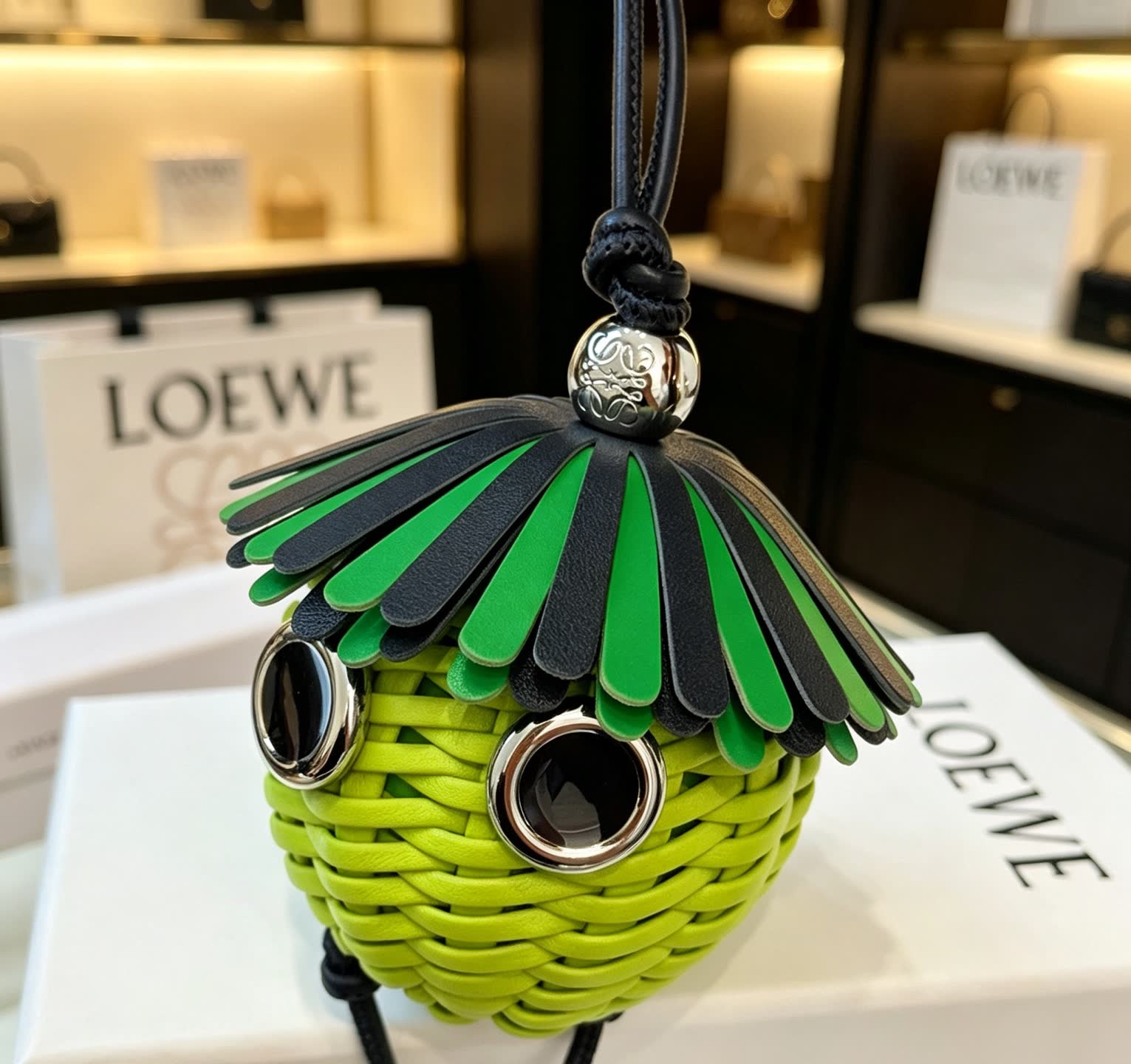 LOEWE Green Wicker Keychain with Silver Accents