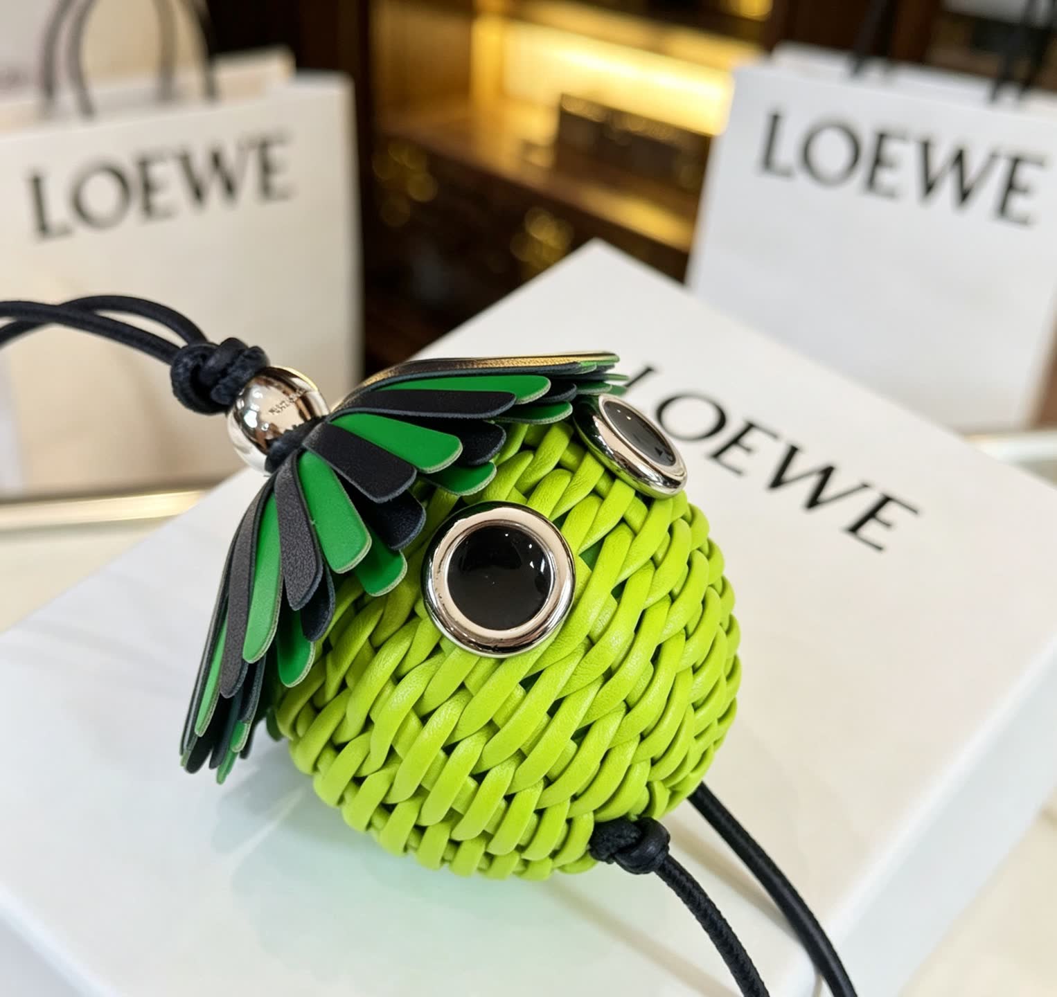 LOEWE Green Wicker Keychain with Silver Accents