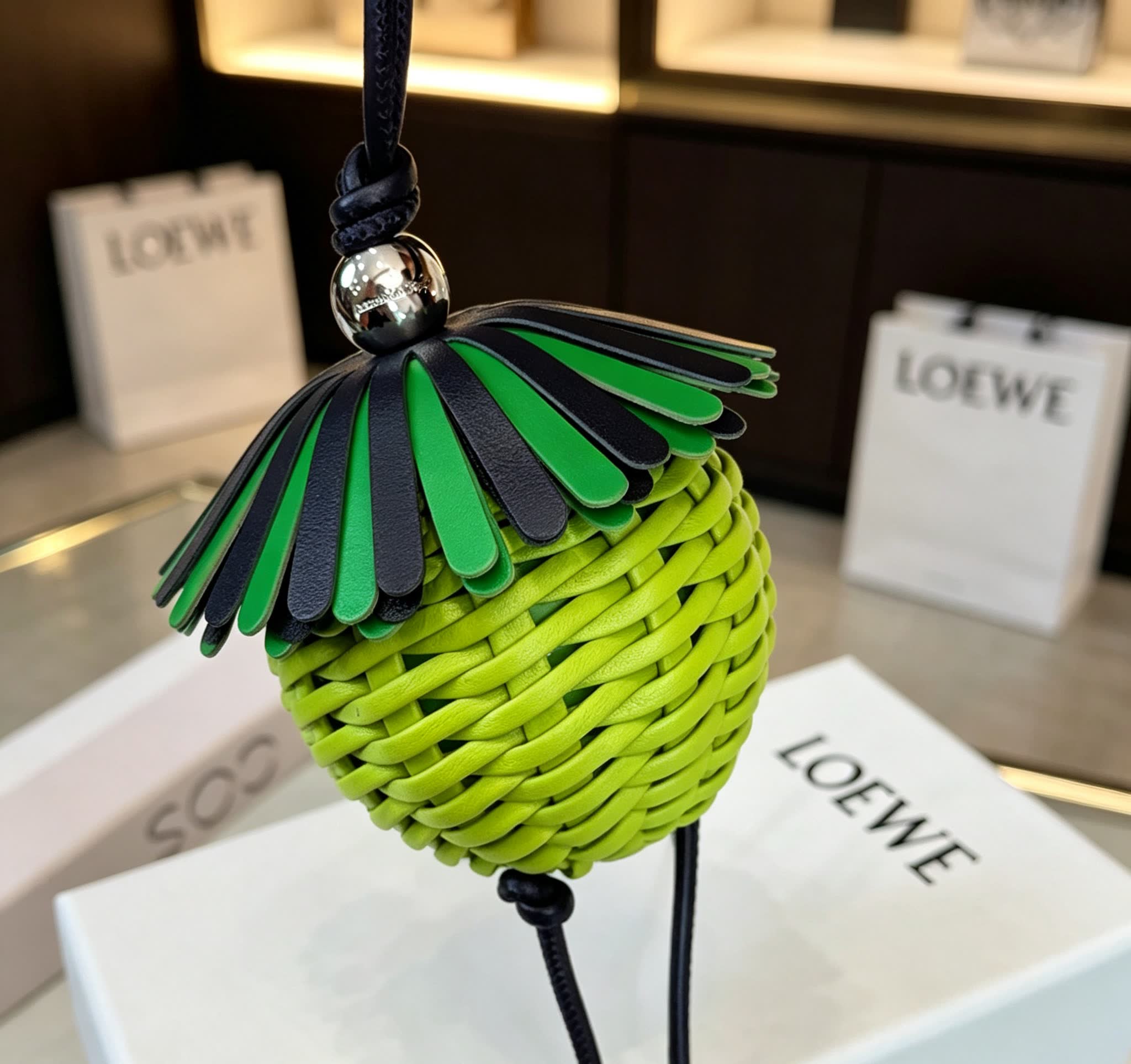 LOEWE Green Wicker Keychain with Silver Accents