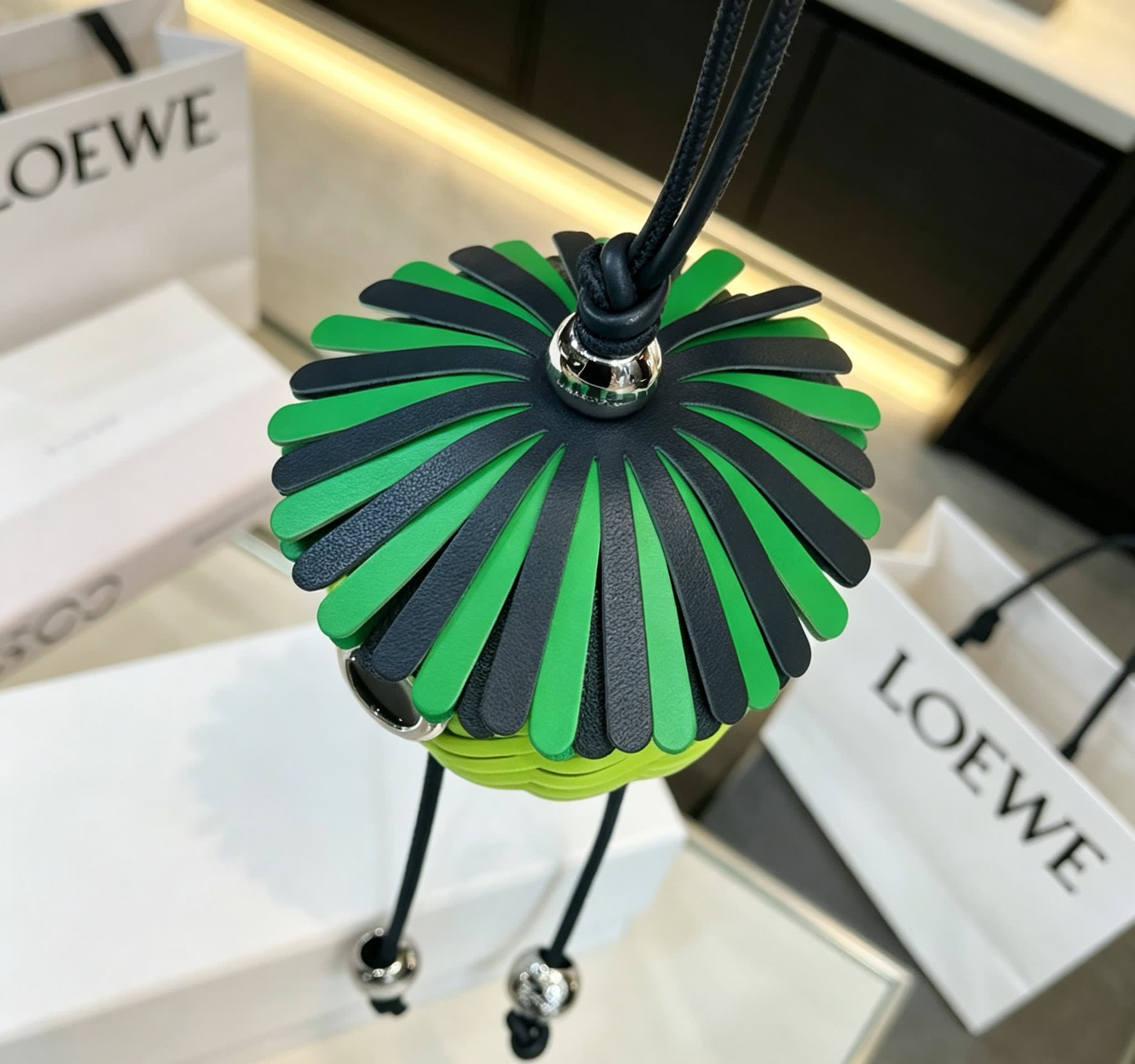 LOEWE Green Wicker Keychain with Silver Accents