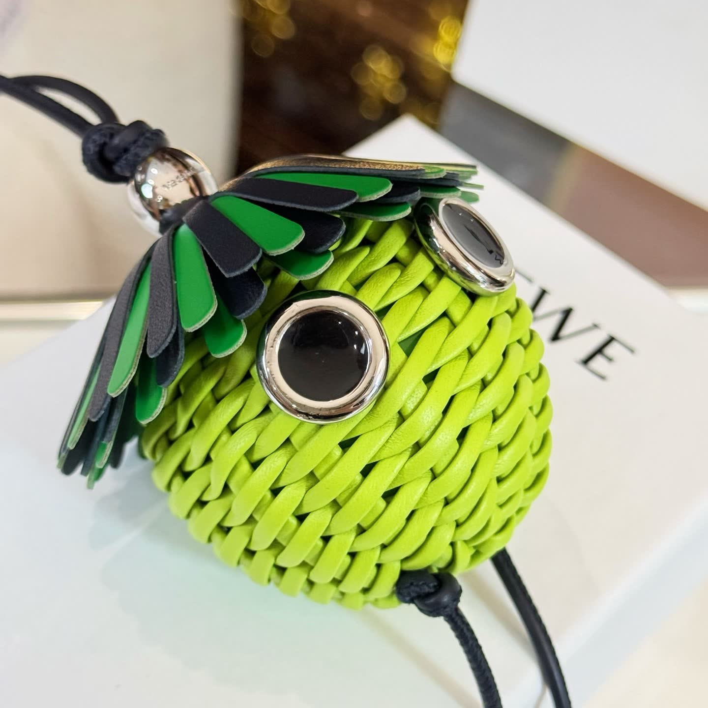 LOEWE Green Wicker Keychain with Silver Accents