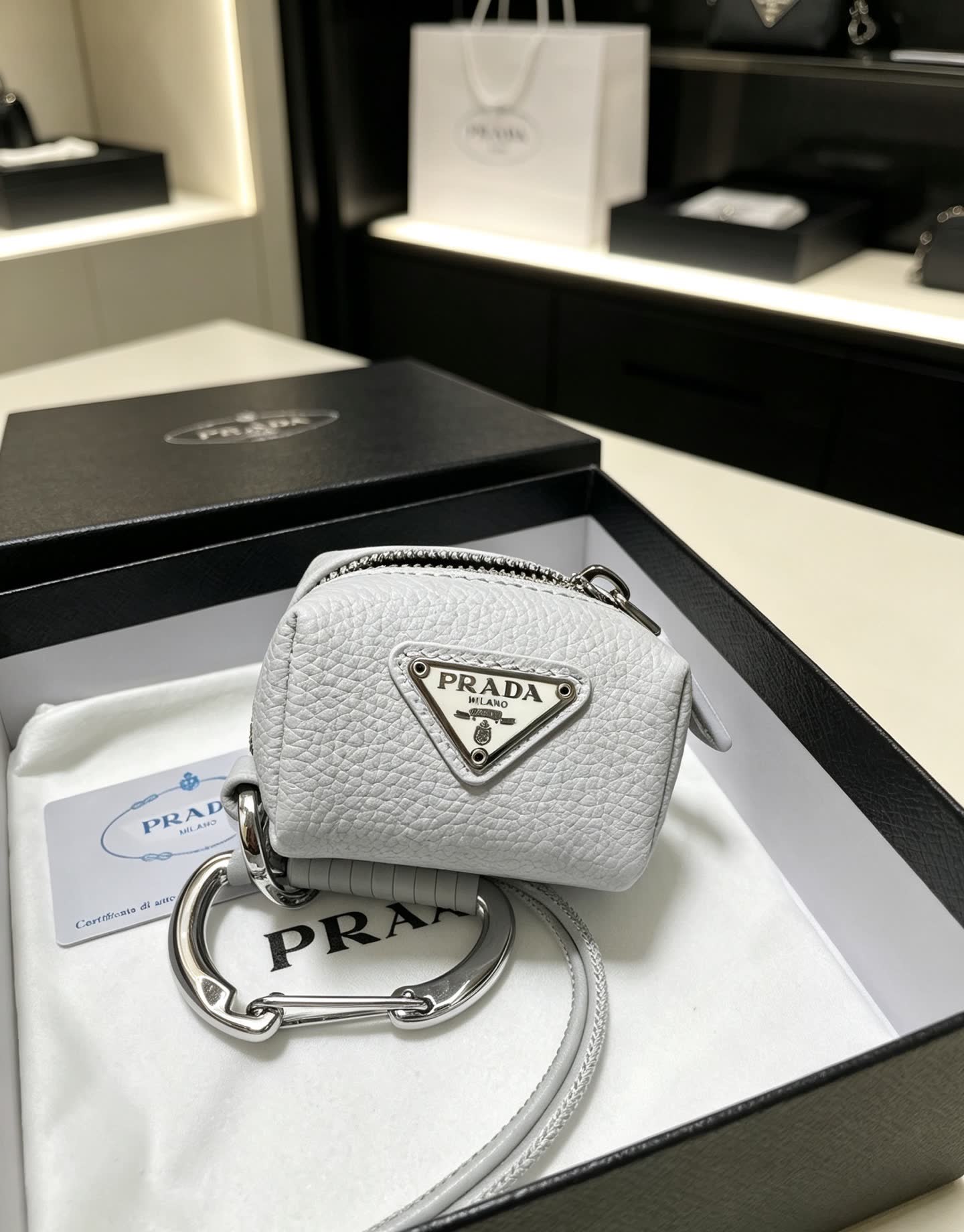 Prada Leather Keychain with Carabiner
