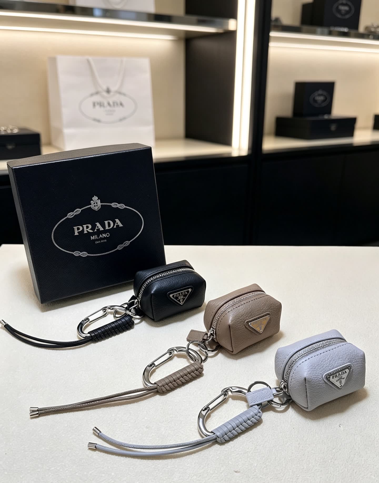 Prada Leather Keychain with Carabiner