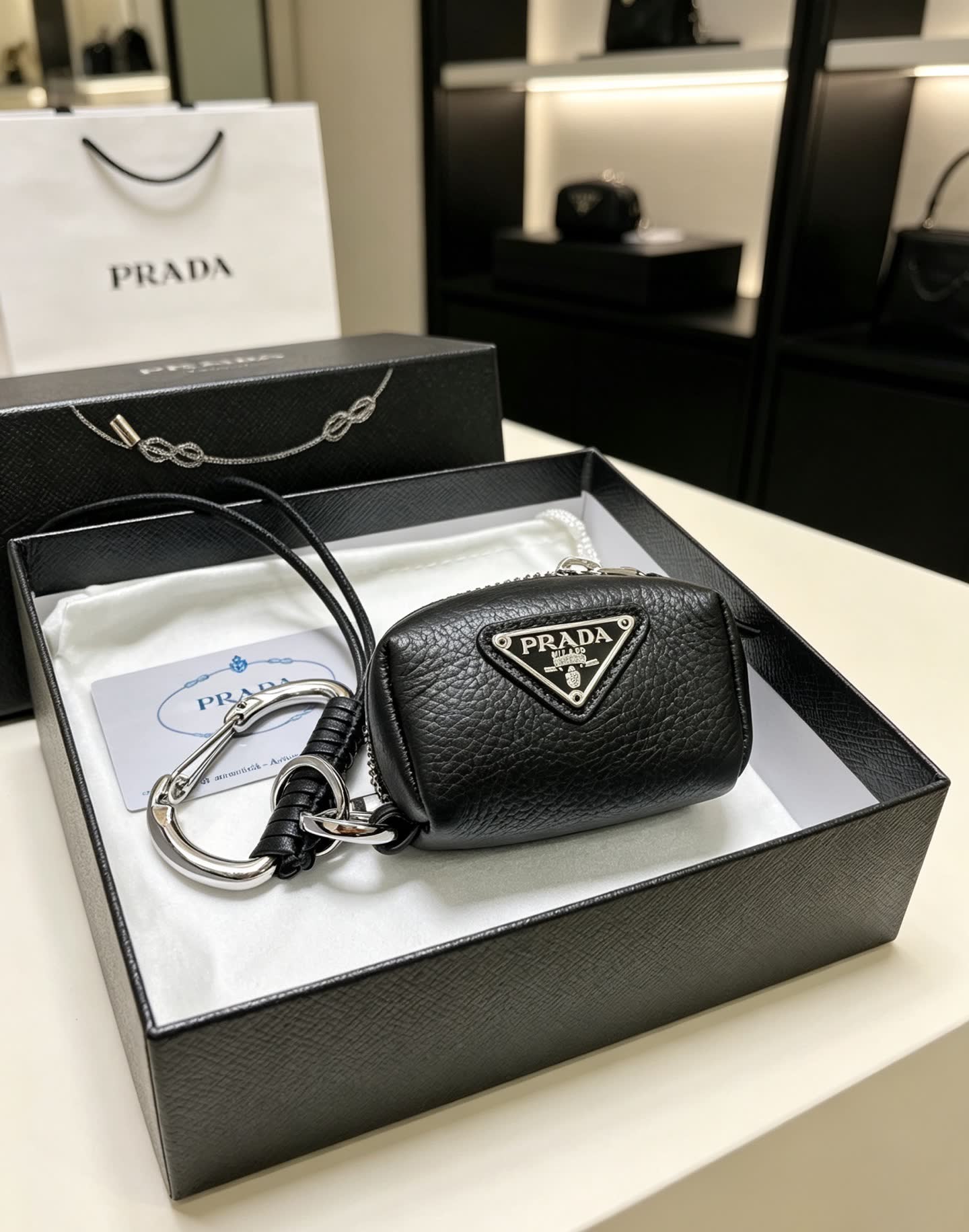 Prada Black Leather Keychain