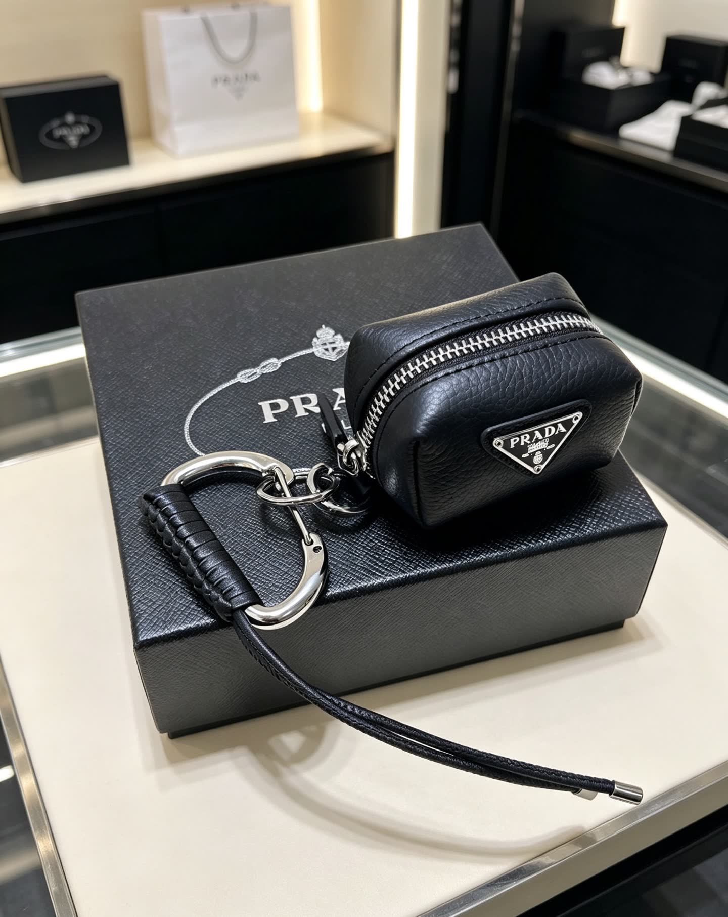 Prada Black Leather Keychain