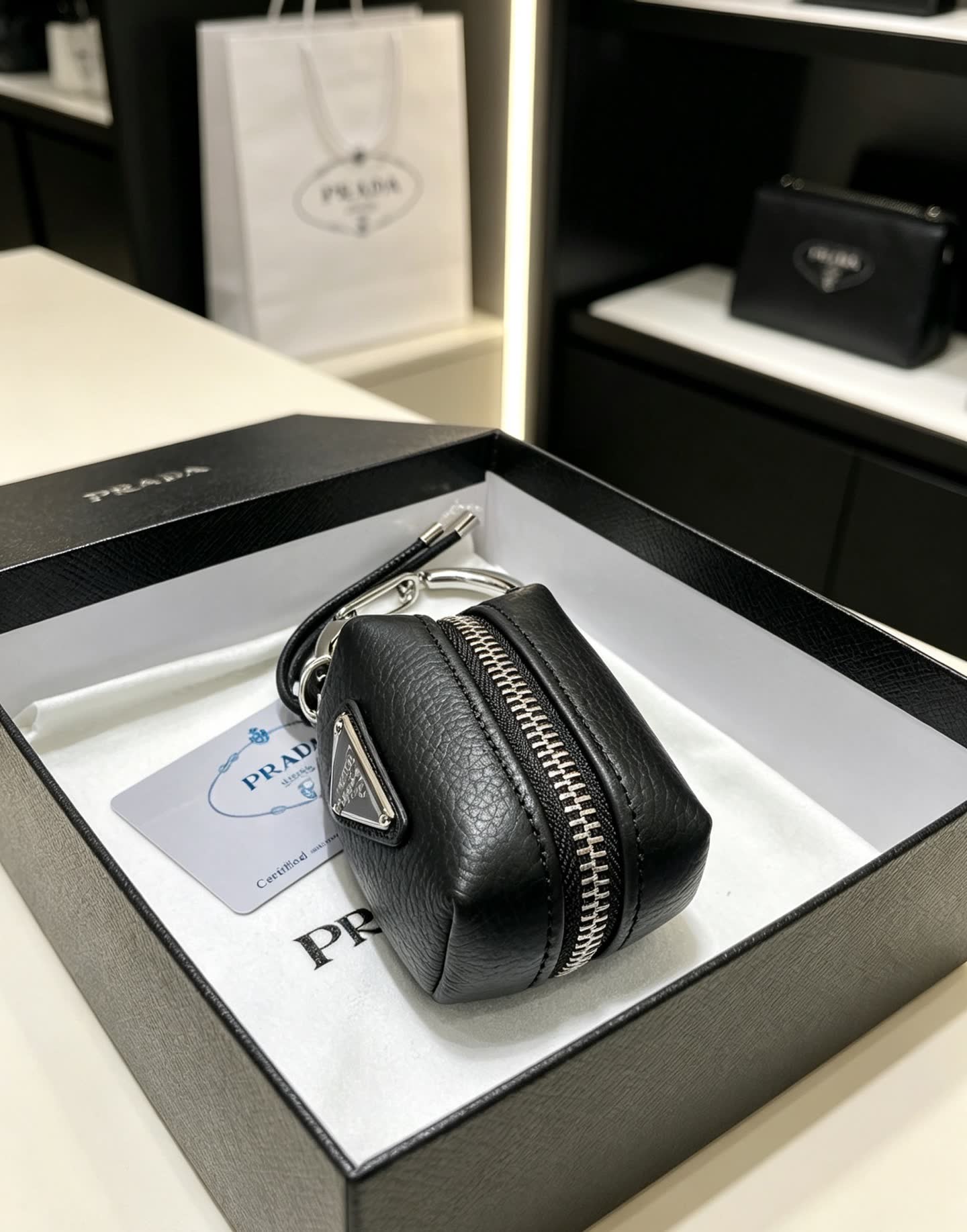 Prada Black Leather Keychain