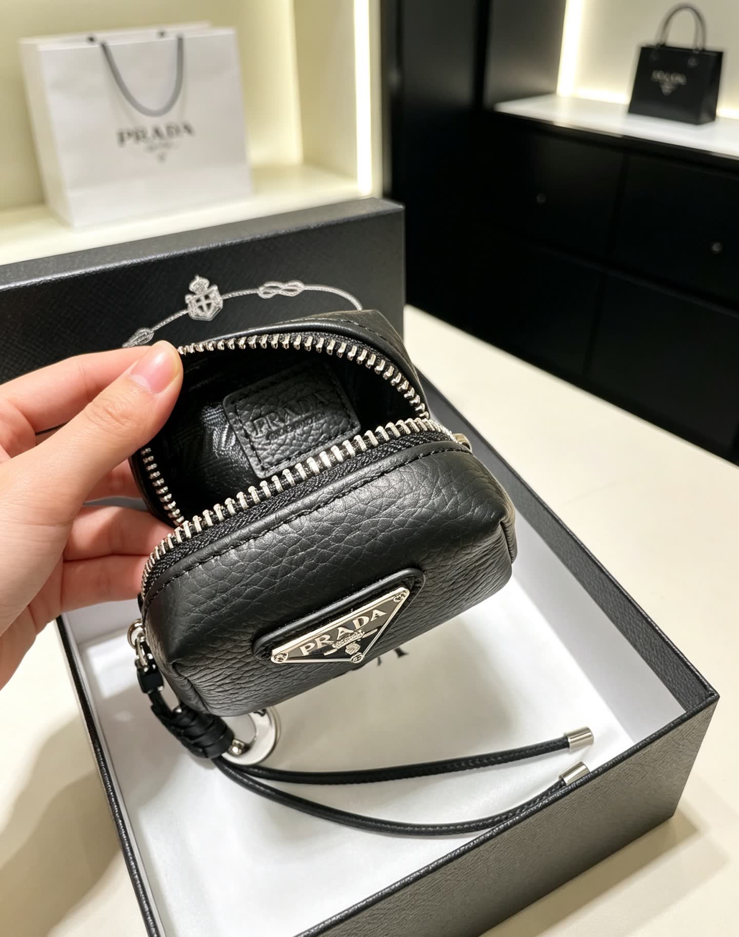 Prada Black Leather Keychain