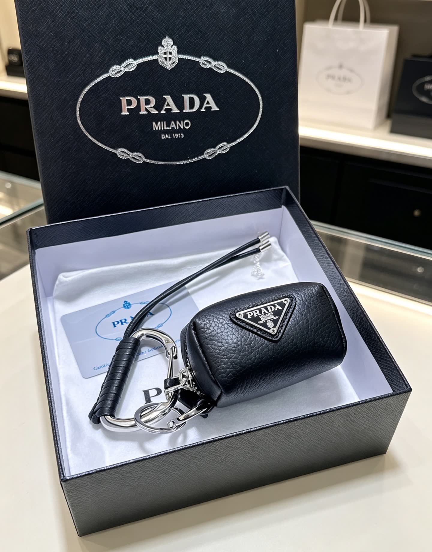 Prada Black Leather Keychain