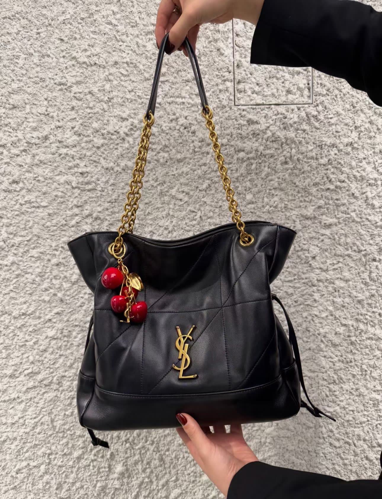 YSL Leather Handbag with Gold Chain Strap and Cherry Charm YSL Leather Handbag with Gold Chain Strap and Cherry Charm