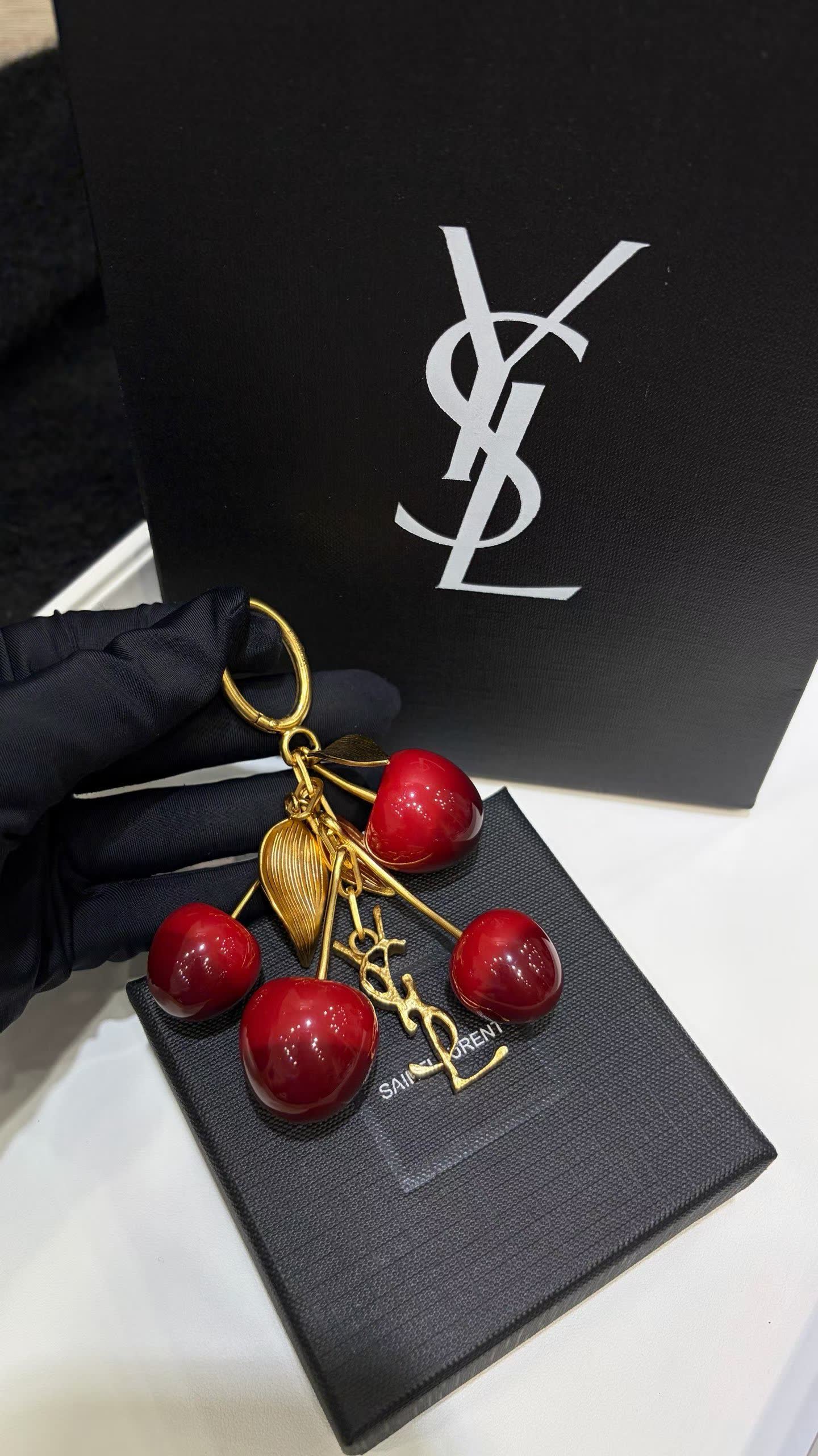 YSL Leather Handbag with Gold Chain Strap and Cherry Charm