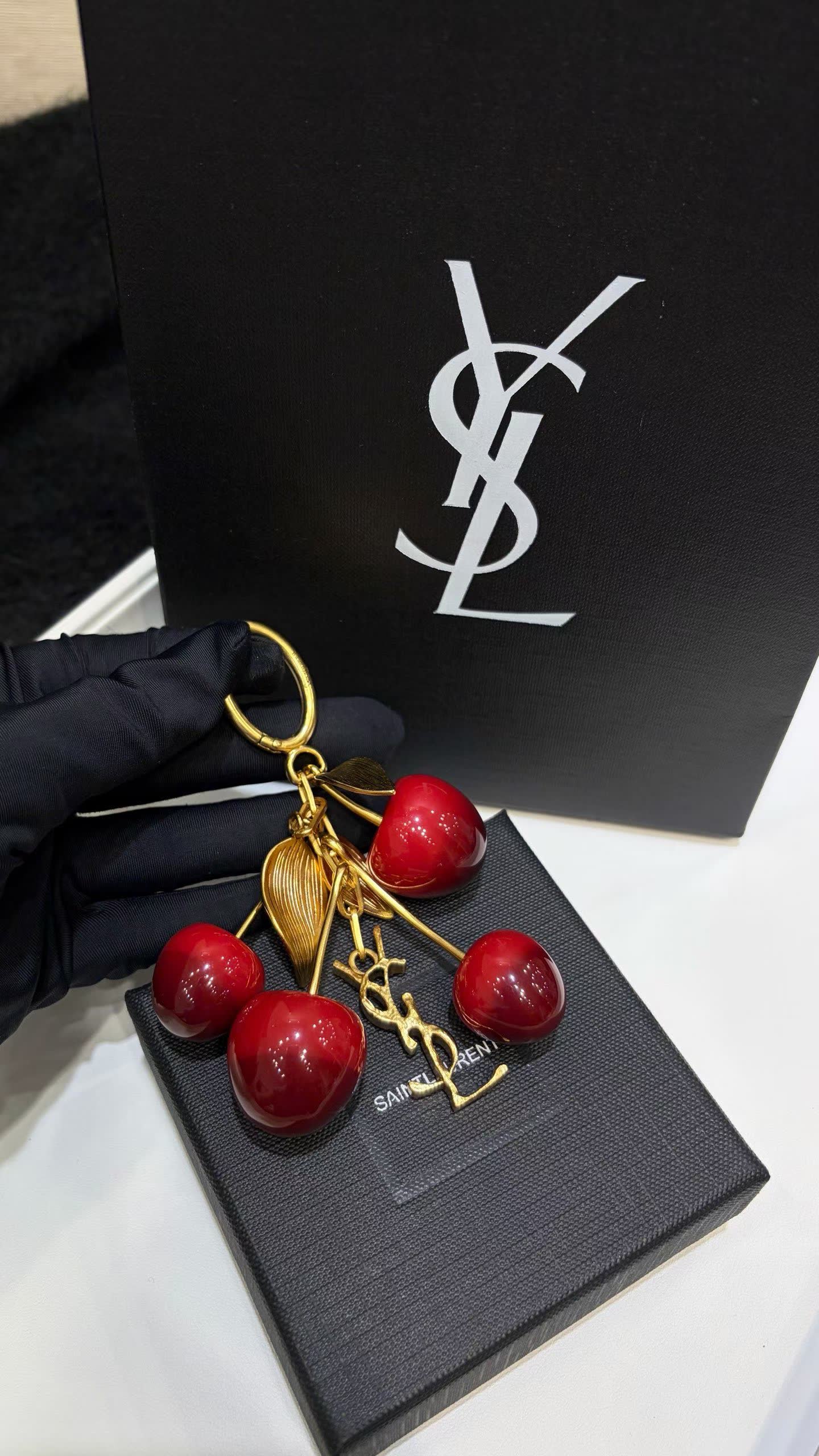 YSL Leather Handbag with Gold Chain Strap and Cherry Charm