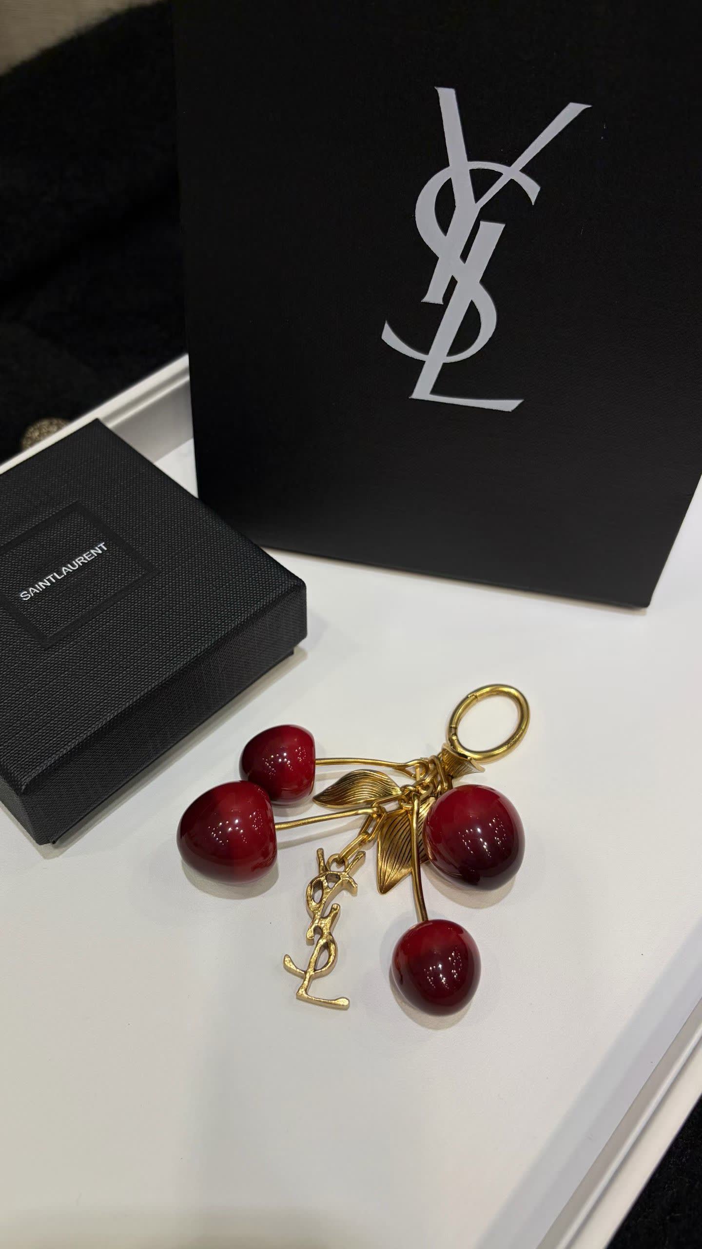 YSL Leather Handbag with Gold Chain Strap and Cherry Charm