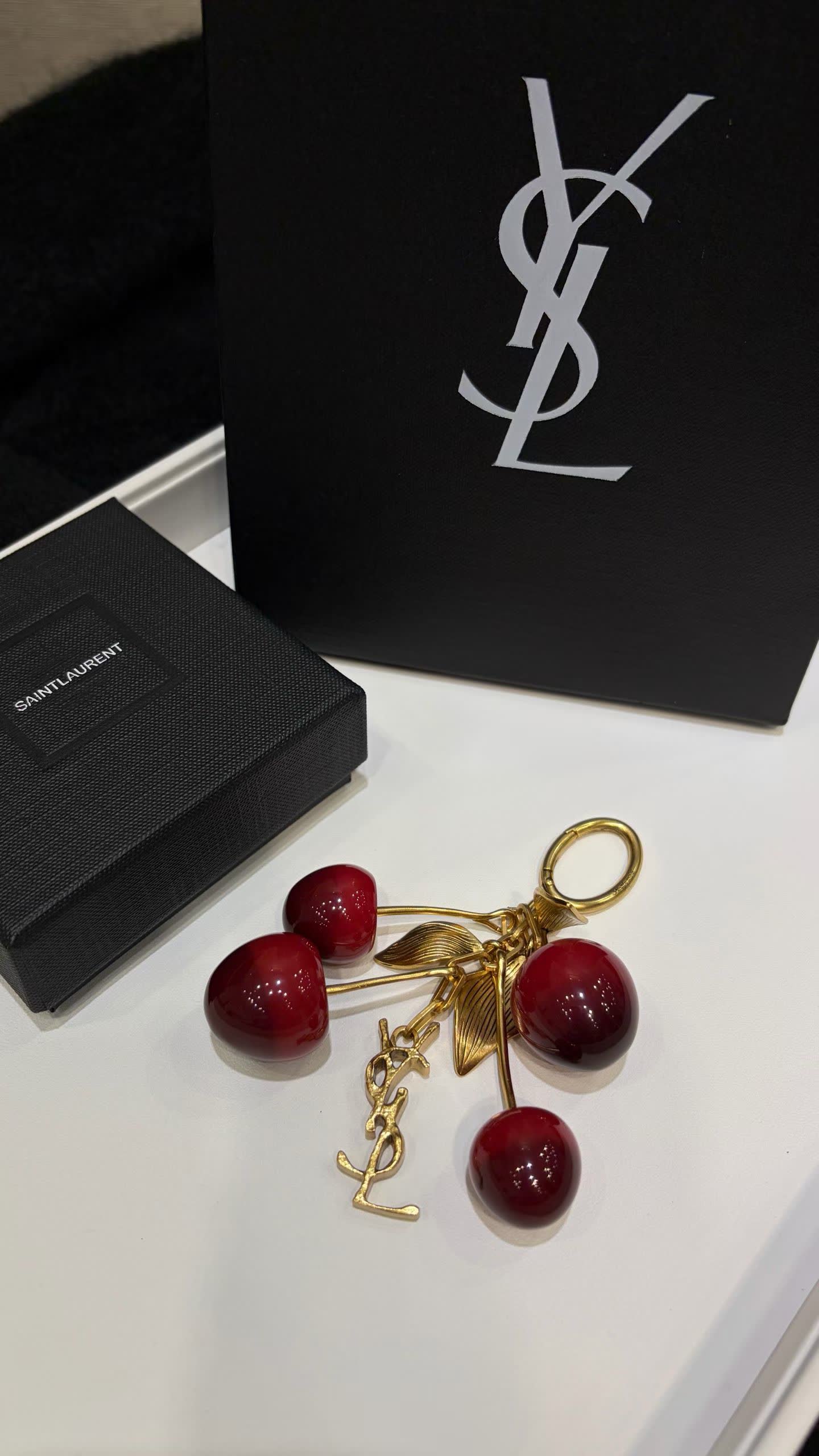 YSL Leather Handbag with Gold Chain Strap and Cherry Charm