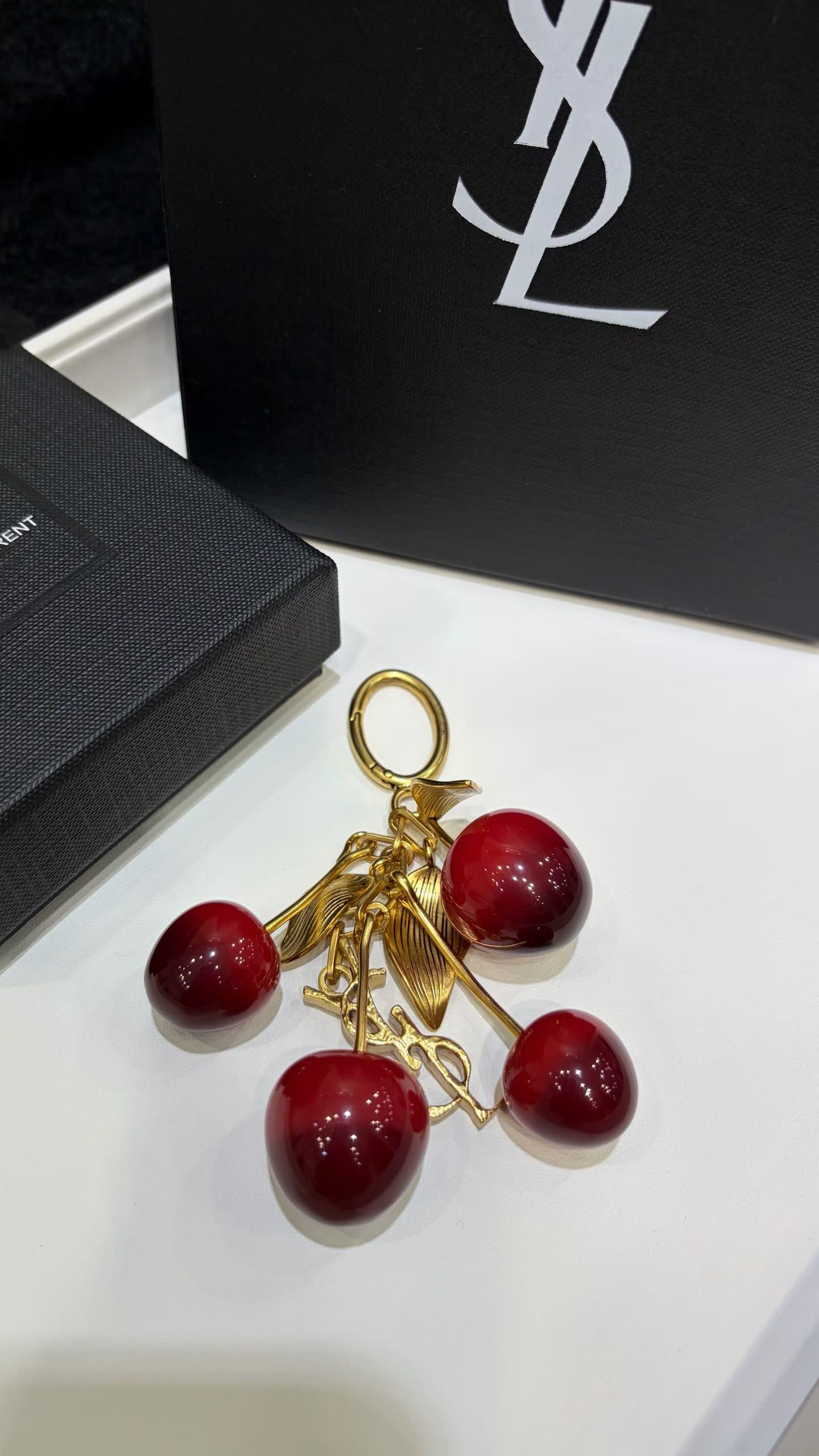YSL Leather Handbag with Gold Chain Strap and Cherry Charm