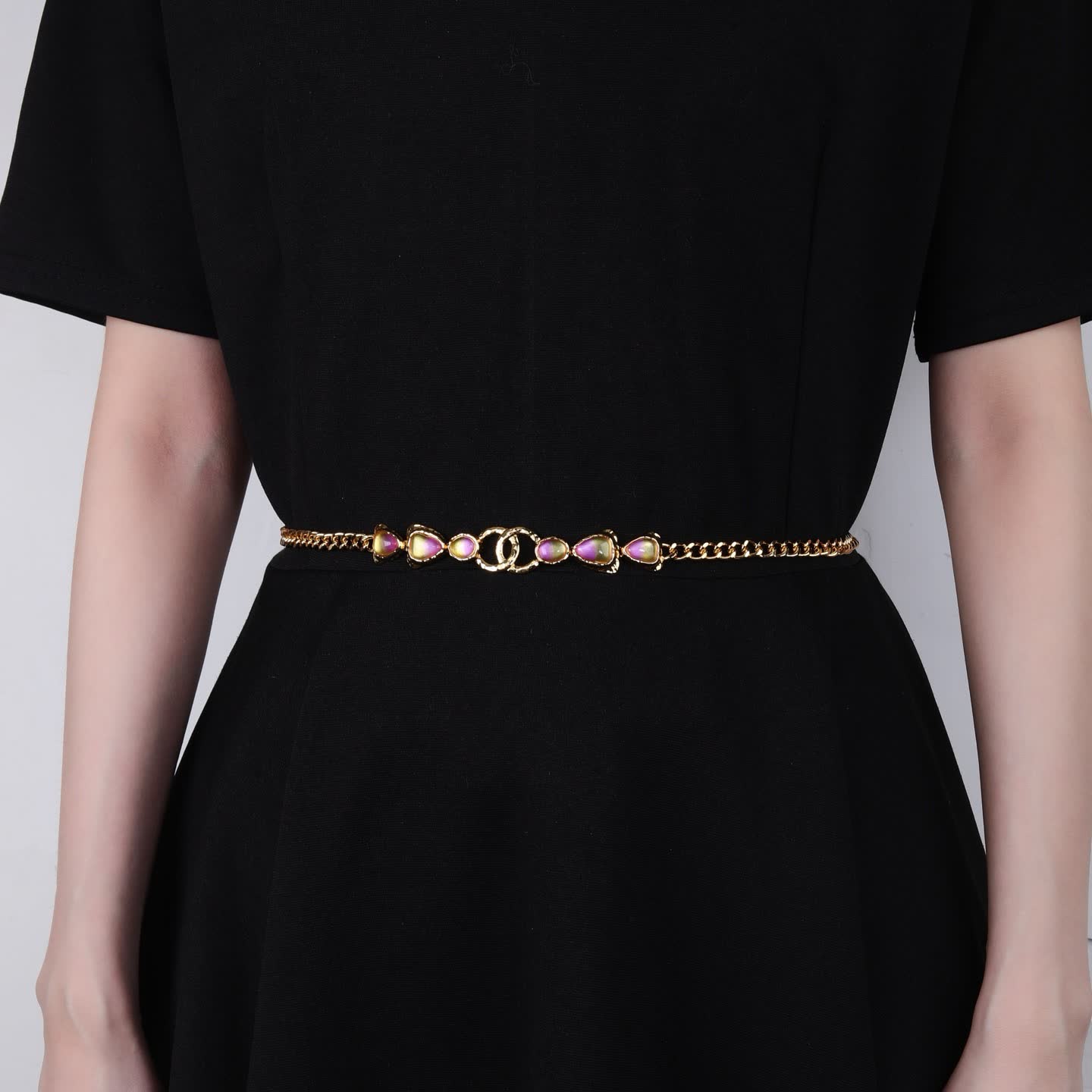 Chanel Gold Chain Belt with Pink Stones