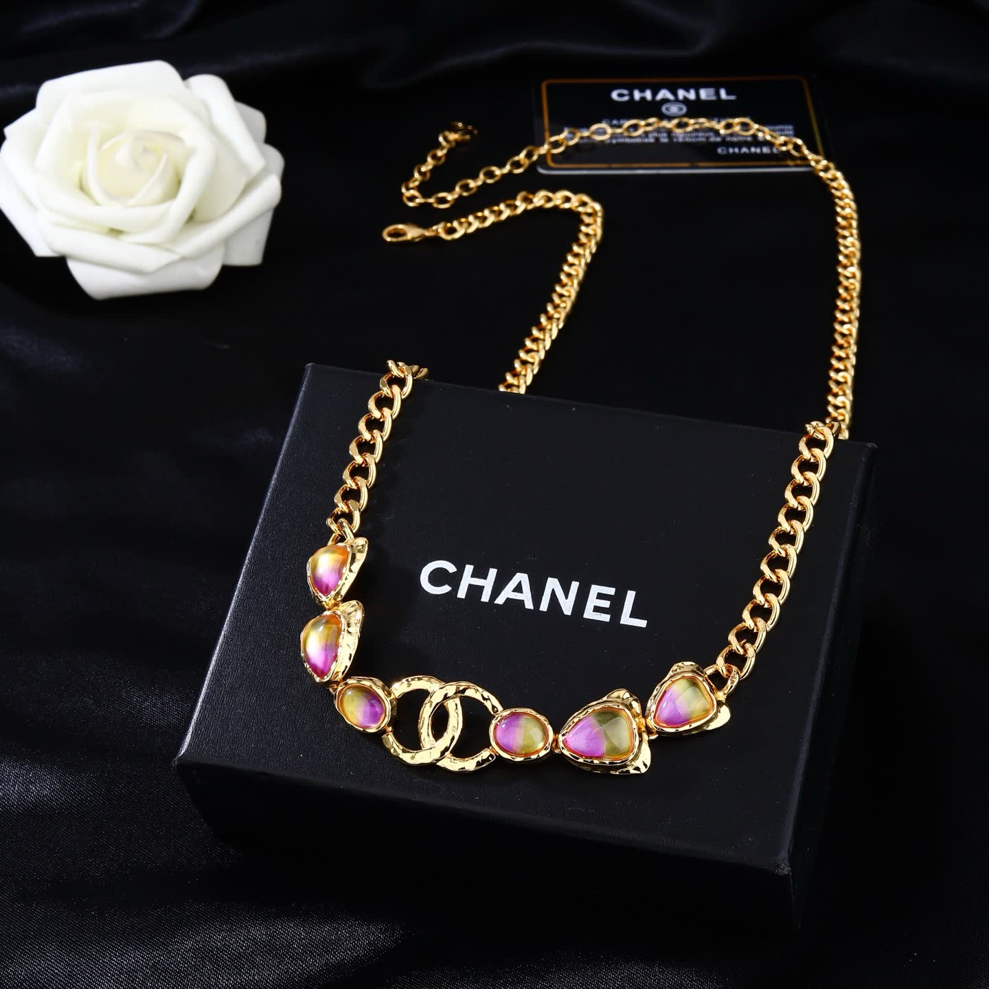 Chanel Gold Chain Belt with Pink Stones