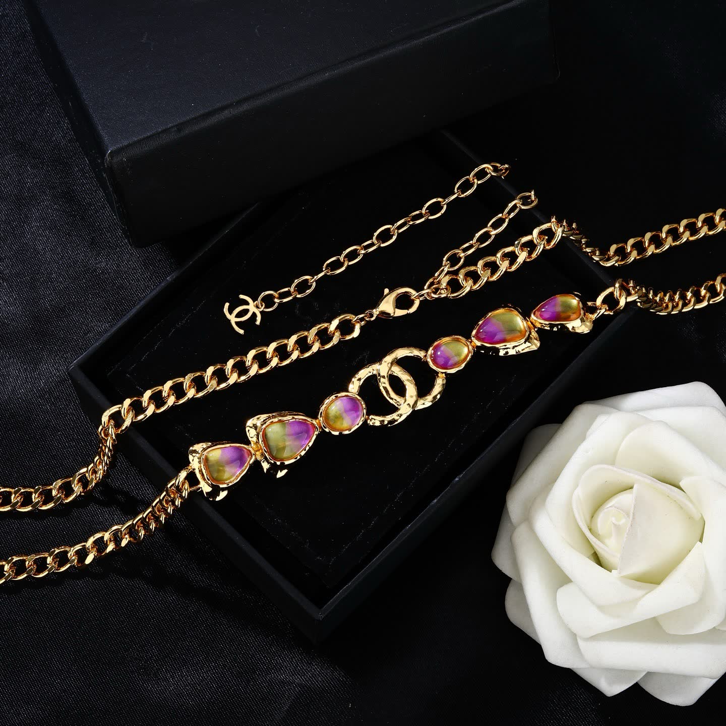 Chanel Gold Chain Belt with Pink Stones