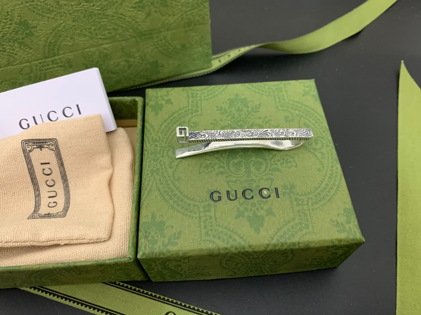 Gucci Silver Hair Clip with Engraved Design
